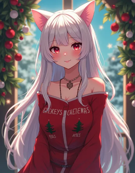 Cat Girl, White hair, Dark red eyes, Christmas shirt, Anime style, 25 years old, Big breasts 