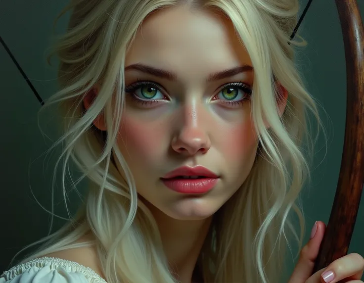 A mesmerizing young woman, aged between 25 and 30, with bold thick eyebrows, almost white blond hair, striking green eyes, and full luscious lips. This portrait of her exudes a sense of mystery and allure, drawing in the viewer with her enigmatic gaze. The...