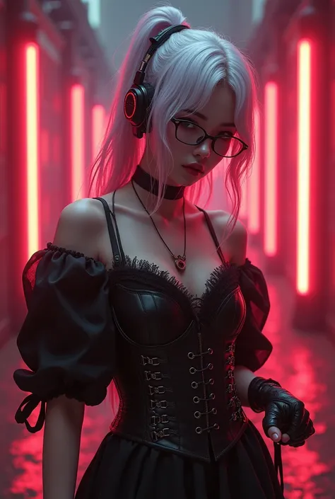  Super realistic and delicate and beautiful Japanese girl standing in the background of the palace, She holds a plasma thrower .  Your hair is wet , white, and pink. she wears glasses, She wears a gothic dress ,  medium corset wine ,  it makes you feel cyb...