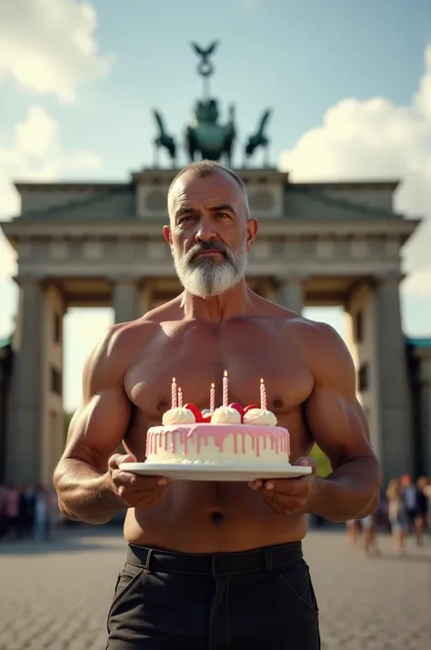 A muscular daddy with a small white beard carrying a birthday cake under the Brandenburg Gate in Berlin