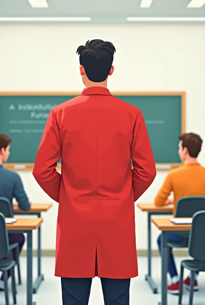 Un élève en blouse rouge de dos en formation bac professionnel maintenance industrielle dans un style illustration minimaliste en 2D 