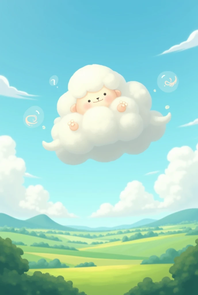 2d flat art, fluffy cloud character, floating high in the sky, background is Vista of green fields