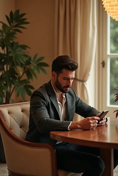 Generate an image of a dark black handsome dressed in nice casual clothes sitting at a beige interior dinning room holding his phone 