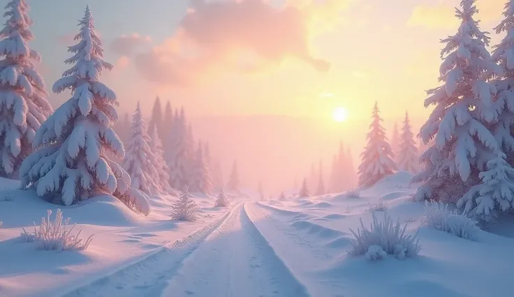 at winter season，snow landscape，（（（Rime））），the setting sun，thin fog，Dingdall effect，super-fine，tmasterpiece，8K，depth of fields，ultra - detailed，Meticulous portrayal，Ultra photo realsisim，Hyper-realistic