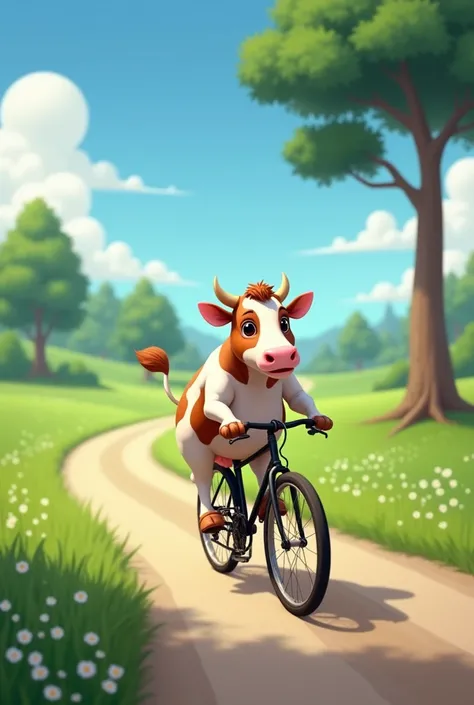 PROMPT 1
An cow riding a bicycle on a country road. The cow is balanced perfectly on the bike, looking determined, with its tail swaying in the breeze. The background shows a peaceful countryside with green fields, trees, and a bright blue sky with a few c...