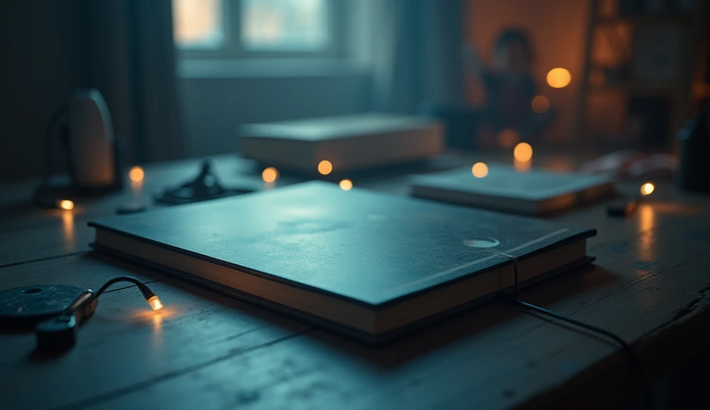 A music album on a blurry studio table with a musical note.