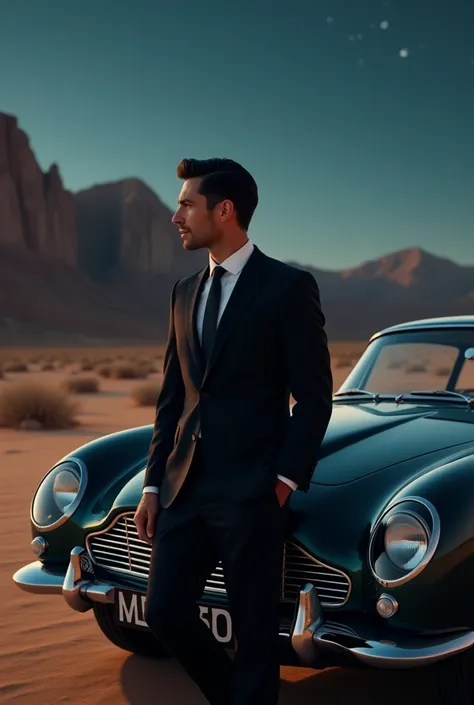 Medium size white British male with short black hair wearing black suit next to a 1966 Astin Martin with desert and mountains at night close up movie poster style 