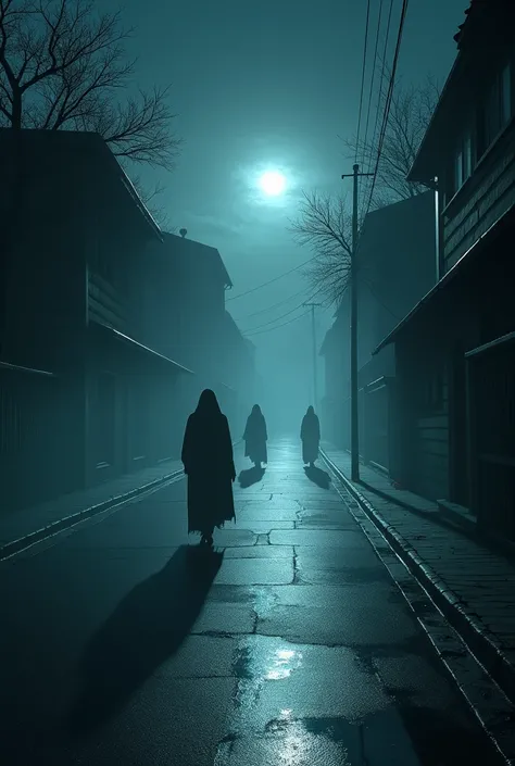  A scene showing an empty street at night ,  with the moon reflecting a weak light .  Echoes of crying could be heard in the air ,  and ghostly steps walking on the pavement in a subtle way, with long shadows on the ground .