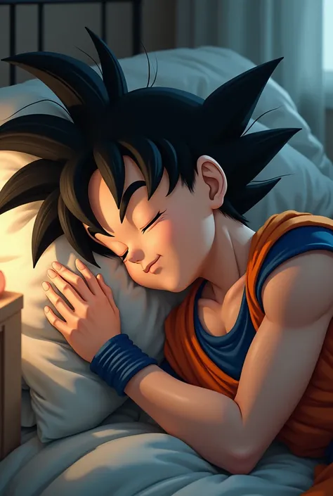 Son Goku from Dragon Ball is sleeping lazily at home