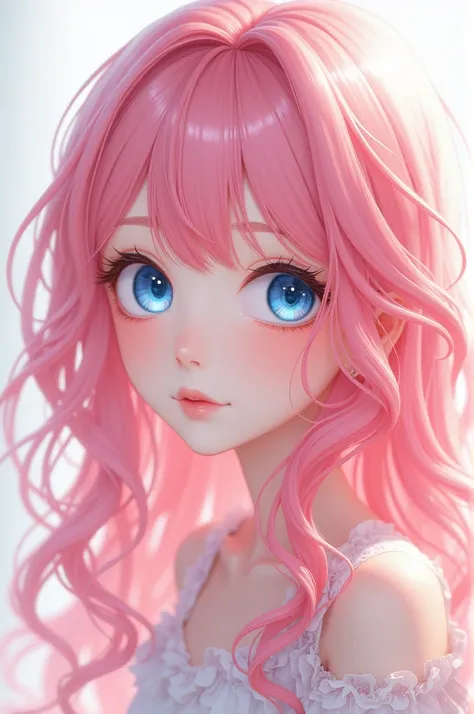  An anime girl with pink hair blue eyes,  white skin , sweet delicate and beautiful and cute 