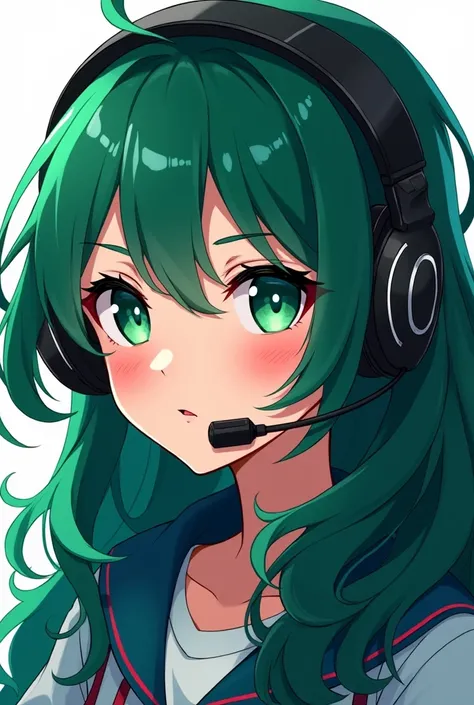  Leave this character with dark green hair,  with a gamer headset,  to represent that she is from this branch , Dont change the anime style 