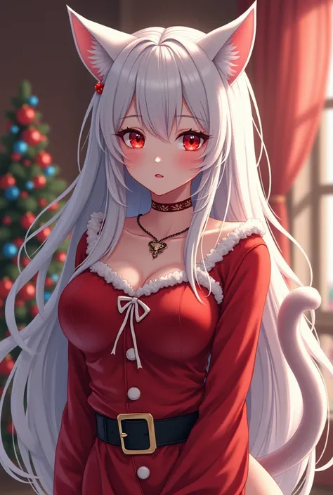 Cat Girl, White hair, Dark red eyes, Christmas shirt, Anime style, 25 years old, Big breasts 