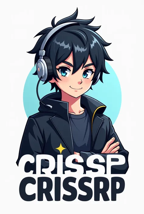 Create a mascot for me, a logo that the boy has black hair, a black coat and a headset on his head and that says the big letter CRISSRP below 