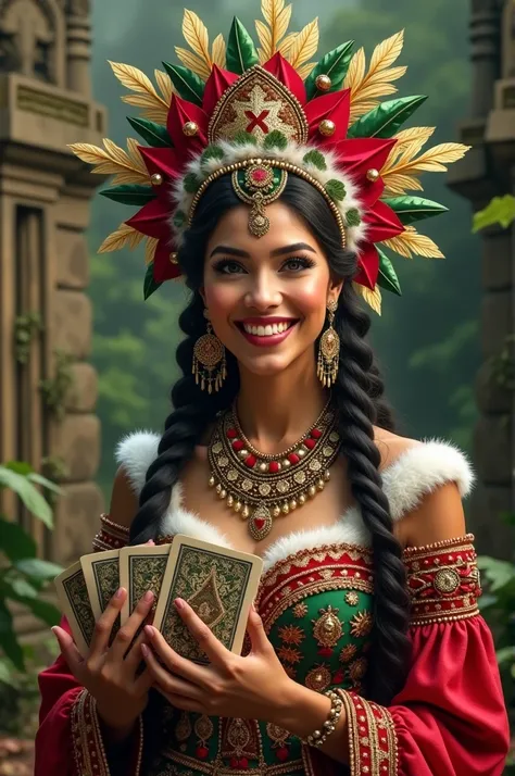 A beautiful Mayan queen dressed in her traditional but Christmas-themed costume smiling and some decks of playing cards in her hands