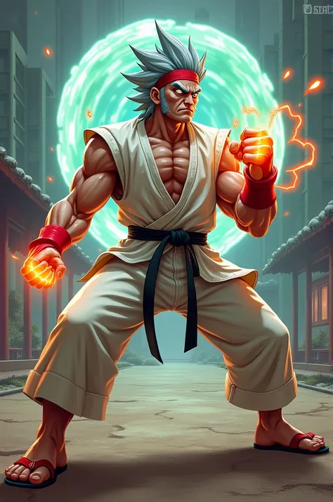 Create a character with the body of Ryu and with the head of Rick Sanchez 