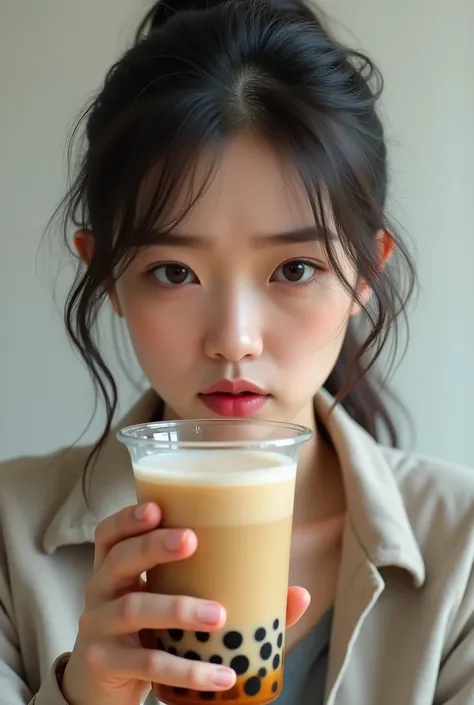 Create real image of girl with the simple glass of boba coffee and not enjoying the drink image should look like real