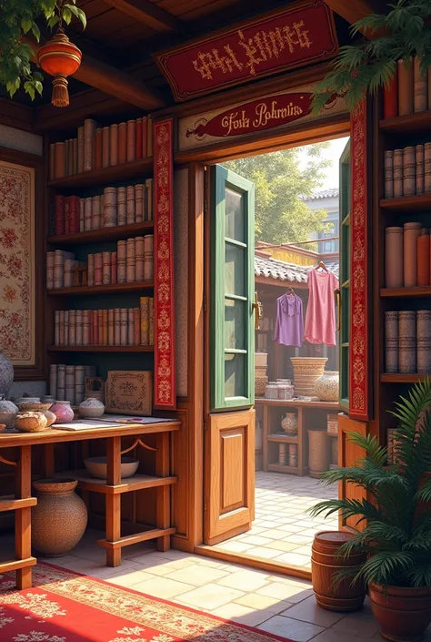 a shop displaying brocade linens with traditional cotton and brocade fabrics, inside there are many rows of fabrics hanging on the walls and decorating the shelves. More a corner of the general store Full view of the front door