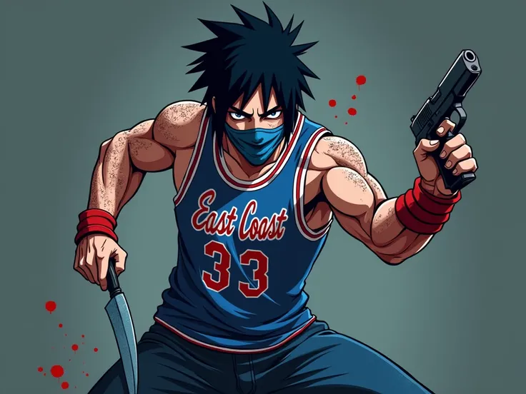 An image of an emo ,  with hair like Sasuke Uchiha ,  with a blue bandana on his mouth ,  wearing a blue tank top that says East Coast 33 with bloodstains, blue hip-hop pants ,  a gun in one hand and a blue machete in the other hand , shooting with his eye...