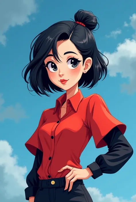 A cartoon girl animates , 24 years old, by the blue,  white skin , high,  a red shirt with black sleeves and black eyes 