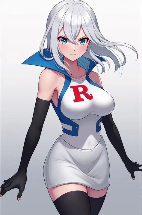 ( Masterpiece,  Best Quality :1.2), 
1 girl,Vladilena,lenaface , Blue eyes, breasts,  looking at the spectator,  white hair,medium breasts,  Antena Cabello , hair between eyes,   looking at the spectator, choke,  Expressive, blows,  white hair,
Team Rocket...