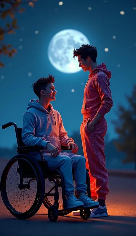 Young man in a wheelchair wearing a planet jumpsuit at night with her boyfriend who wears a jumpsuit of little anime stars