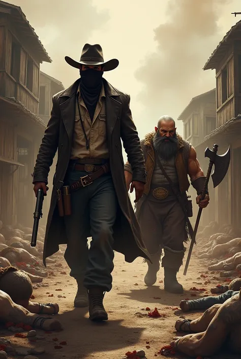 A gunslinger cowboy (wearing a bandana thats covering his face) and a dwarf (with a war axe) coming out from a burning destroyed village with dead villagers in the background 