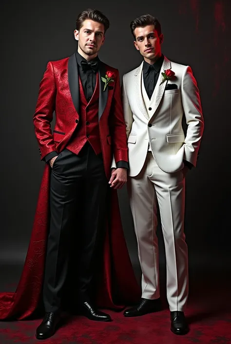 Wedding suits, for a gay (male and male) couple with gothic-vampire theme, where the suits are a king style for both of them. I would like them for one, with rose 🌹 patterns, and red details, like a vampire count or something, and the other one the same bu...