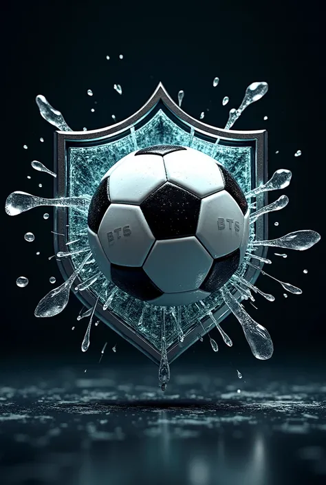 Soccer ball shattering glass with the letters BTS in the shape of a shield