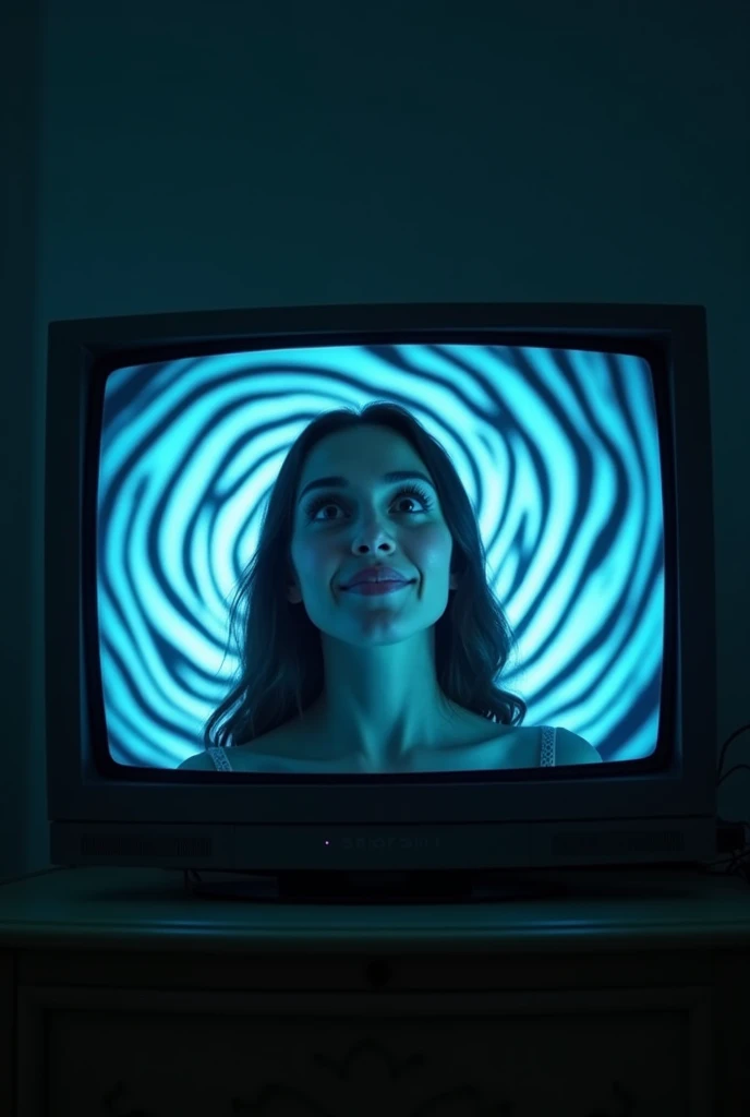 Woman under hypnosis.
She smiles and looks directly at the TV with a hypno spiral that fascinates her
(A woman can be seen in full length )
