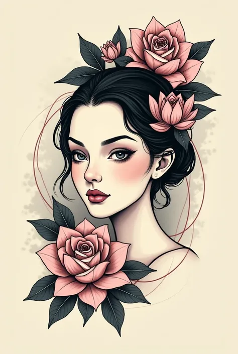 neotraditional face women with rose and lotus for tattoo