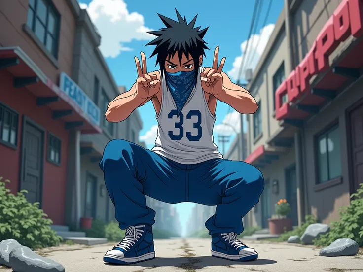 An image of an emo with hair like Sasuke Uchiha ,  with a blue bandana on his mouth , wearing an East Coast tank top 33 , with blue rapper pants and blue Jordans doing gang signs of the crips with their hands in a slum