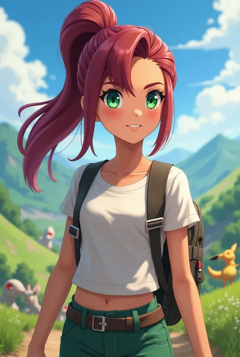 chloe,model t shirt,pony tail, green eyes, maroon hair, pokemon journey