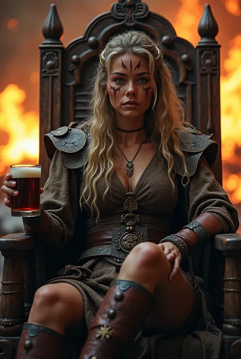 "A powerful female Viking chief, sitting on a throne carved from wood and bone, surrounded by flickering torches. Her face is painted with war markings, and she holds a horn of mead, exuding authority and wisdom."