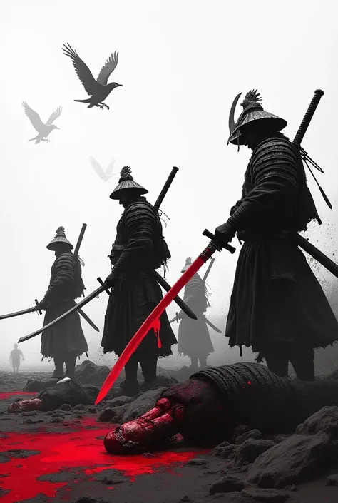 4 samurai kill an enemy army and have a bloody sword with them. There should be vultures in the sky and only the blood should be red and everything else should be black and white.The 4 samurai should be in different poses. The swords should be dripping wit...