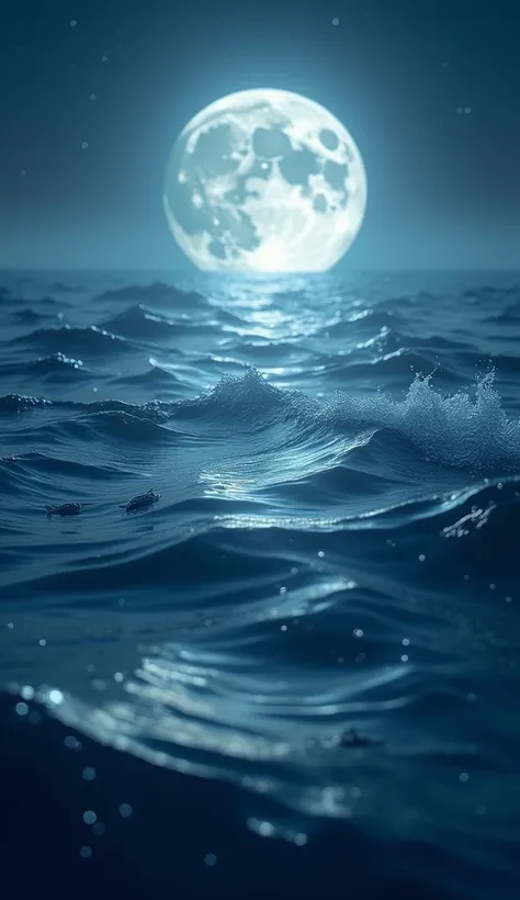  The tranquility of the deep ocean ,  with soft waves illuminated by a silver moonlight .  The symbol of the water element appears flowing between the waves,  with the sense of serenity and introspection .  Details like fish and subtle marine creatures flo...