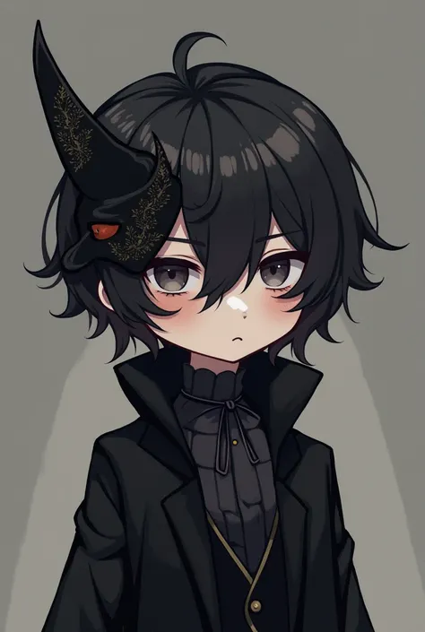 Un personnage chibi avec une expression neutre du visage ayant un masque mis sur le côté gauche supérieur de sa tête, regardant vers lécran, ayant les cheveux noir la peau brune et étant habillé en noir