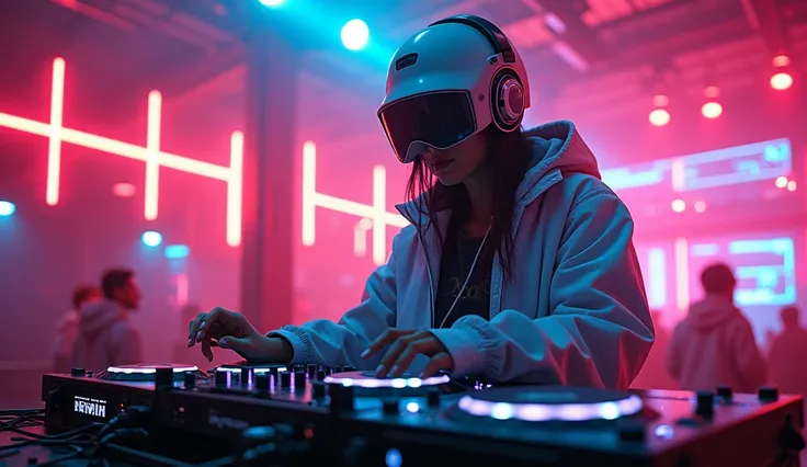 a beautiful cyberpunk futuristic DJ wearing a high-tech helmet, ultra-detailed digital art, cinematic 8K, photorealistic, dramatic lighting, split screen design, grunge style, neon colors, vibrant sports aesthetic, epic sci-fi atmosphere, stunning optical ...