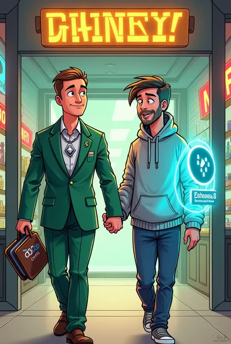 A humorous cartoon-style depiction of two characters personifying USDT (Tether) and Ethereum Gas, walking hand-in-hand into a store. USDT is represented as a confident, businesslike person, wearing a green suit with dollar signs subtly integrated into the ...