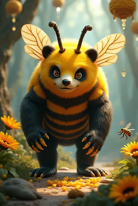  A unique hybrid creature that combines the characteristics of a bear and a bee .  It has the robust and muscular body of a bear ,  but is covered with a fluffy and striped coat like that of a bee ,  in bright yellow and black colors .  Their legs are larg...