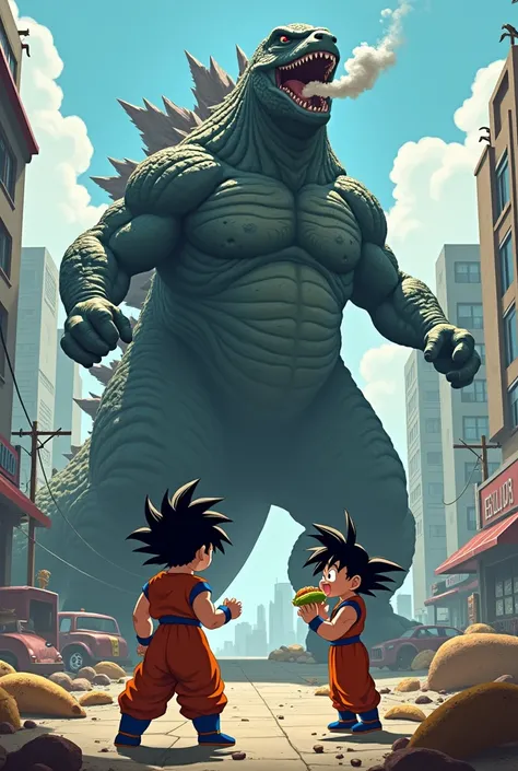 Goku vs godzilla eating tacos with godzilla farting