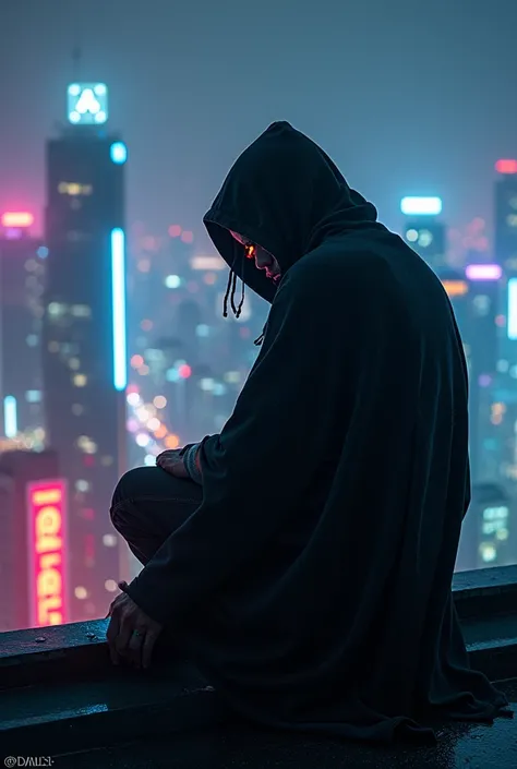 "A mysterious hooded figure with glowing eyes, perched on a rooftop overlooking a vibrant, neon-lit cyberpunk city at night, the wind blowing their cloak, cinematic lighting, detailed textures on the figures cloak and face, high-resolution cityscape blurre...