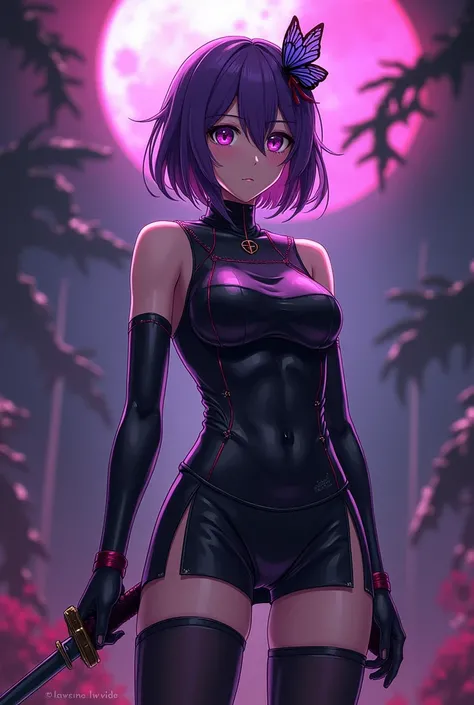 Kochou Shinobu, 4k, absurdo,  High resolution , very  High resolution ,  High Definition,  Masterpiece,  short hair,  purple hair , Separene bangs ,  hair ornament ,  butterfly hair ornament, purple eyes,  Killer demon uniform , sleeveless,  leotardo negro...