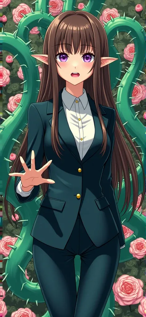  anime illustration、Thorny Tentacles、 purple eyes、Ripped Suitとがった耳,  open her mouth , Rose Background、Green tentacles、Tentacle hands with brown hair, 