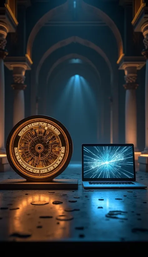 Side-by-side display of the Antikythera Mechanism and a modern laptop, each glowing to signify their computational significance, set against a dark, futuristic backdrop blending ancient and modern design elements.