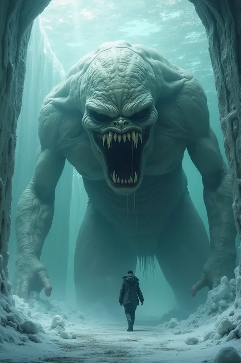 Ultra realistic giant submerged monster in a frozen glass cage with black teeth and eyes with white skin and a creepy smile 