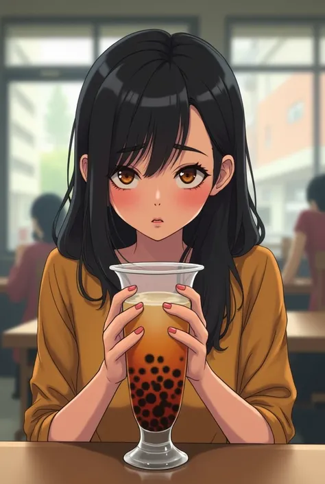 A girl holding boba coffee on the table and looking bored as she didnt like the glass image should be from real world foucous should be on simple glass and not on the girl