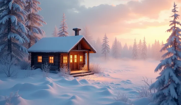 at winter season，snow landscape，very small  wood cabin , cheminée with  smoke , window light , light outside（（（Rime））），the setting sun，thin fog，Dingdall effect，super-fine，tmasterpiece，8K，depth of fields，ultra - detailed，Meticulous portrayal，Ultra photo rea...