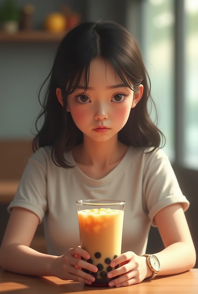 A girl holding boba coffee on the table and looking bored as she didnt like the glass image should be from real world focus should be on simple glass and not on the girl