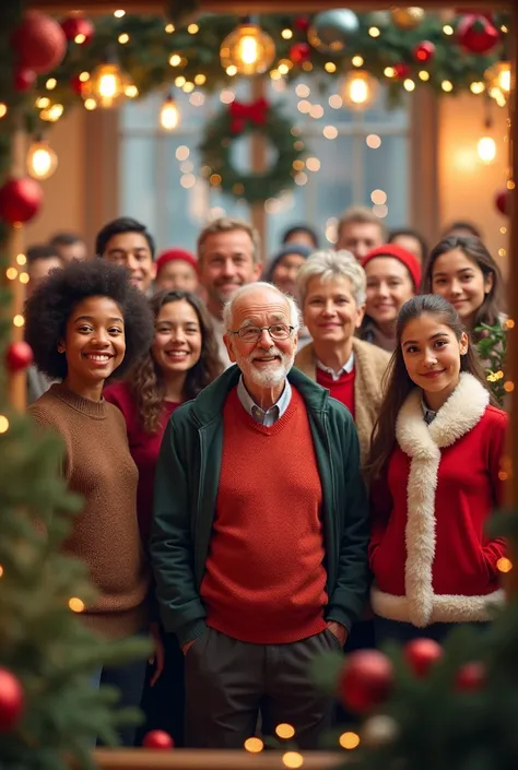 Young and old students posing in a photo with Christmas decorations