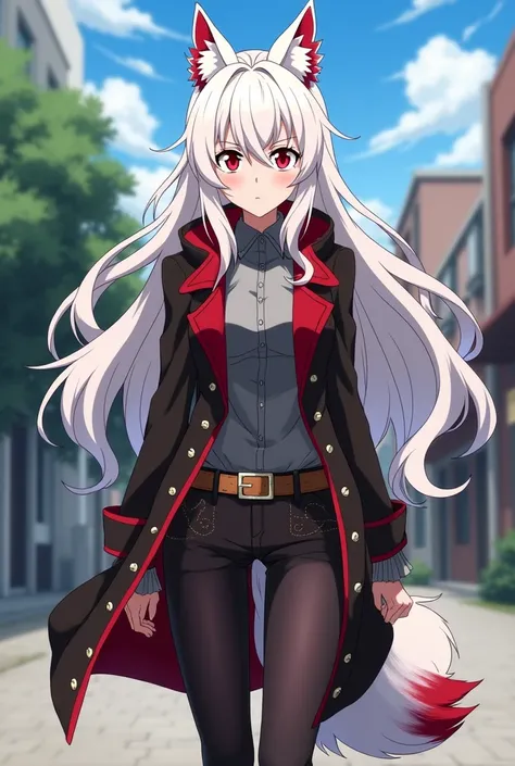 Screenshot from "My Hero Academia" of a 19-year-old woman, very long wavy white hair with red highlights, blood red eyes, a neutral look, she has wolf ears and a white Kitsune tail with red tips, wearing clothes cowboy is walking through a town, full body,...